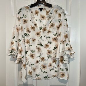 Ann Taylor White Floral Blouse with Ruffle Sleeves
